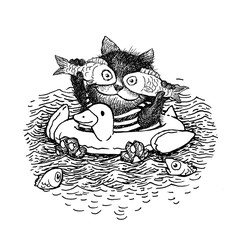 Cat with fish ink draw tatoo print sail