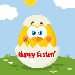 Smiling Yellow Chick Cartoon Character Out Of An Egg Shell. Vector Illustration Flat Design With Landscape Background With Text