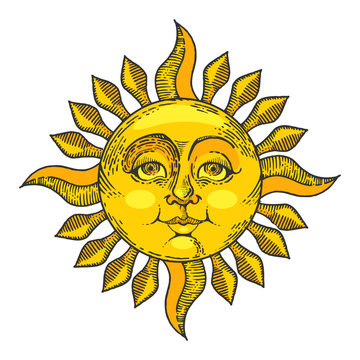 Sun with face color sketch line art engraving vector illustration. Scratch board style imitation. Hand drawn image.