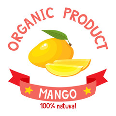 Vector illustration of organic badge with mango isolated on white.