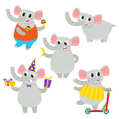 Vector set of cartoon funny elephant isolated on white background.
