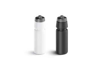 Blank black and white plastic sport bottle mock up, front view, isolated, 3d rendering. Clear empty...