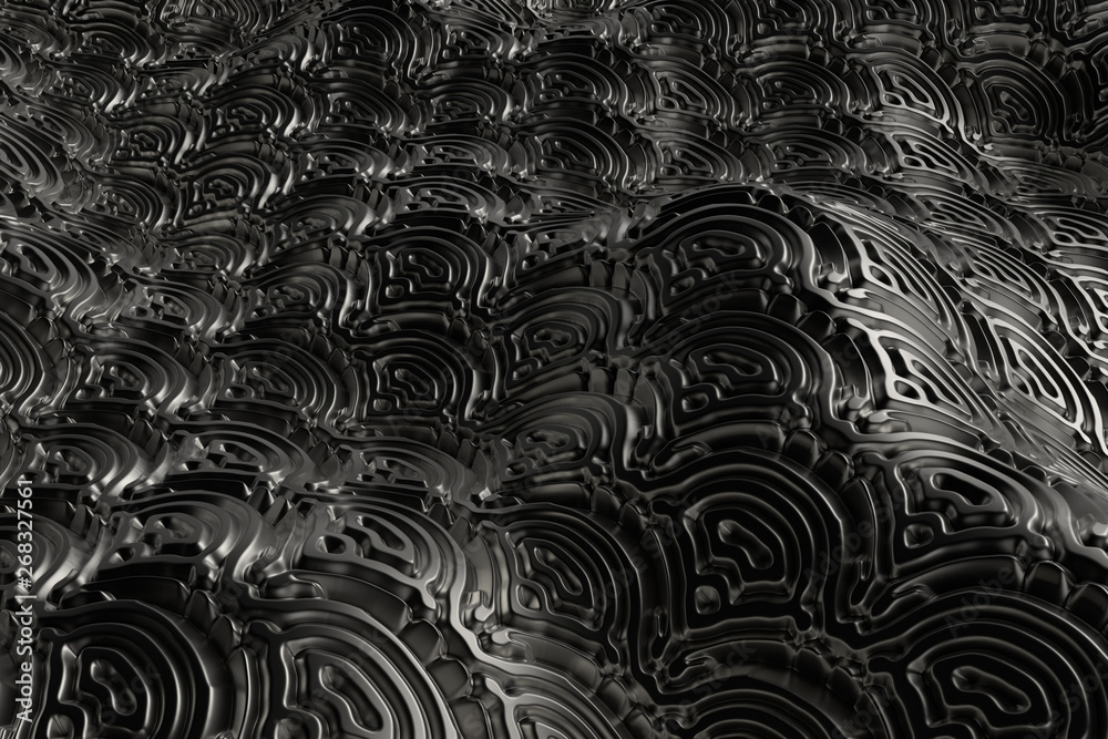 Poster 3d render metall background with reflections. displacement surface. random patterns extruded from th