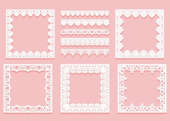 Set of white lace framework of square shapes and dividers. Tracery vintage elements isolated on a pink background.