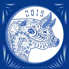 2019 year of the pig. Blue Flower Emblem of pigs head in the style of national porcelain painting
