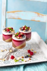 Jelly dessert like panna cotta - layers of chocolate, coffee, berries and coconut