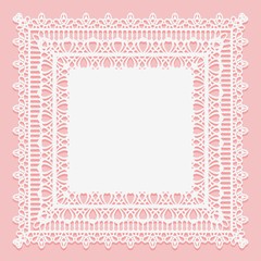 White lacy square napkin isolated on a pink background. Openwork lace frame.