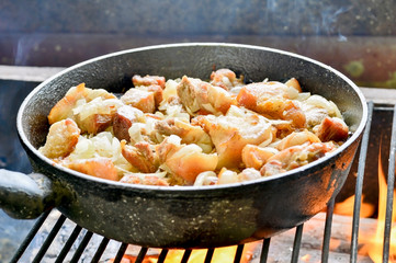 Cooking meat in a pan with onions on the grill. Fried pork
