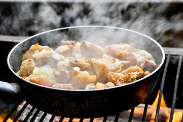 Cooking meat in a pan with onions on the grill. Fried pork