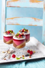 Jelly dessert like panna cotta - layers of chocolate, coffee, berries and coconut
