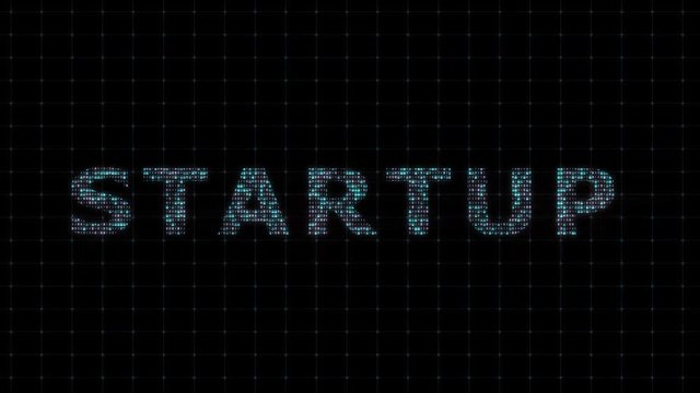 Startup text filled with binary code, computational animation