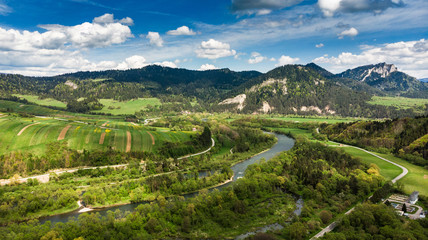 Fototapeta na wymiar Dunajec river in Pieniny National Park in Poland, aerial drone view