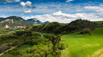 Summertime landscape at Dunajec valley in Poland, aerial view