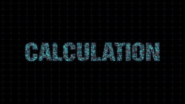 Calculations, digital animated text with binary code, single computing system, computer computing
