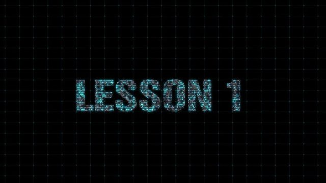 Lesson 1, information technology, digital animated text with binary code, single computing system, computer computing