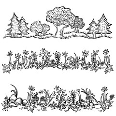 Grass, flowers, trees black white on isolated background. Nature banners set - 268330370
