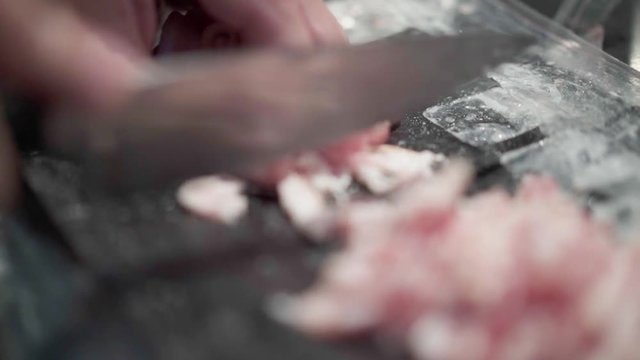 Close-up shot of someone cutting / sliceing some meat in the kitchen - preparing / cooking lunch / dinner.