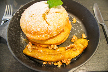 Banana Walnut Pancakes served in Frying pan, Bangkok - Thailand