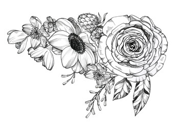 Black Ink Tattoo Hand Drawn Bouquet