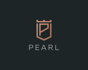 Premium monogram letter P initials logotype. Elegant shield crown vector logo.