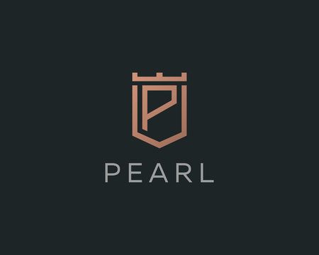 Premium monogram letter P initials logotype. Elegant shield crown vector logo.