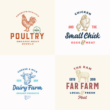 Farm Meat, Cheese and Poultry Logos Set. Abstract Vector Signs or Symbols Templates. Hand Drawn Domestic Animals and Birds with Retro Typography. Vintage Emblems.