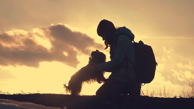 little girl daughter and dog teamwork happy family tourists silhouette concept holding hands spinning funny video. happy childhood. girl and dog livestyle team friendship and care with pets sunset