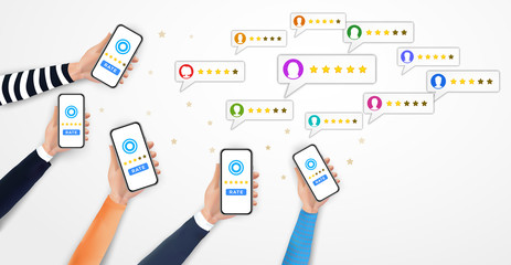 Many hands holding smartphone with review rating bubble speeches on screen. Social media marketing. Customer review with stars rate system, client mobile app feedback evaluation. Vector illustration