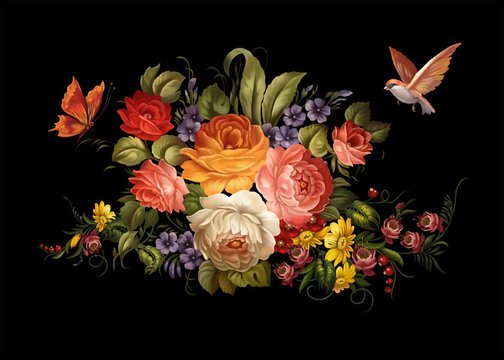 Peonies Butterfly Bird Zhostovo flowers roses leaves botany floristics