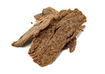 Slices of beef jerky on white background