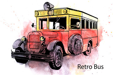 Hand-drawn watercolor Retro city bus  - 268334793