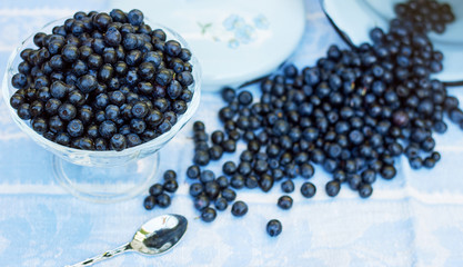 A glass vase full of fresh forest blueberry on the background of berries pouring out of the milk can and a silver spoon laying nearby, everything on blue with white linen rustic textile, close-up