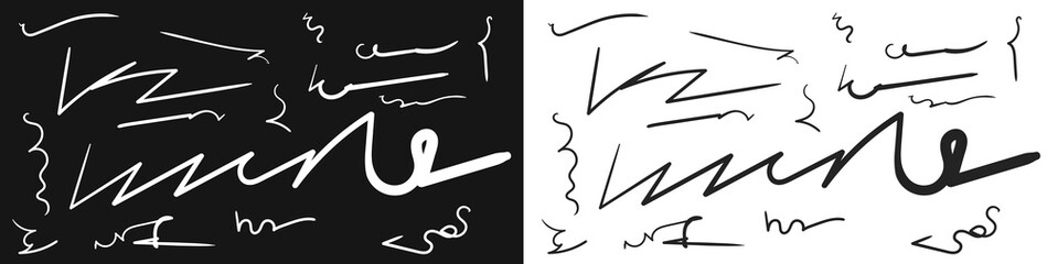 Brush strokes hand drawn vector illustration. Signature template collection, hand written lines in various angles.