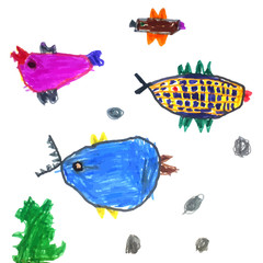 Vector set of children's drawings - fish and seaweed. Doodle style. Ideal for childs decoration. - 268336142