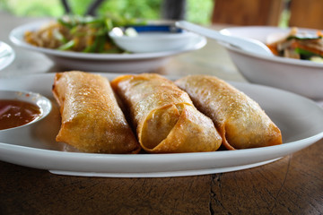 Deep fried spring rolls and vegetables on plate, Thailand 