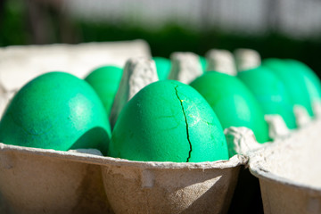 Green boiled eggs one with a crack in the package Easter spring macro photography