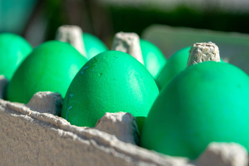 Green boiled eggs in the package Easter spring macro photography