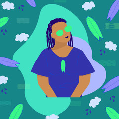 Tanned girl with blue dreadlocks, bright lipstick, sunglasses and oversize t-shirt with surfboard print. Vector illustration in a flat style. Pattern with surfboards, clouds and drops.