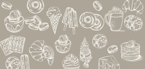 Sweets pattern Vector line art style. Ice cream, croissant, pancakes illustrations