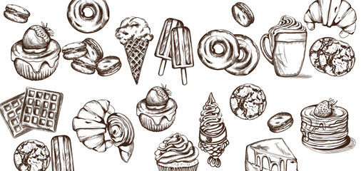 Sweets pattern Vector line art style. Ice cream, croissant, pancakes illustrations