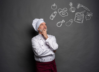 Image of chef planing what to cook on gray background.Chef thinking.