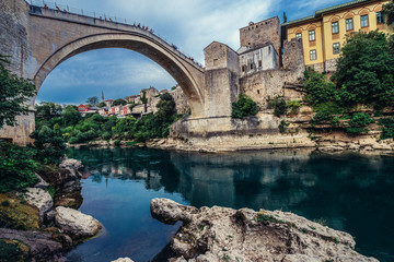 Old Bridge over Neretva river, foremost landmark of Old Town of Mostar, Bosnia and Herzegovina