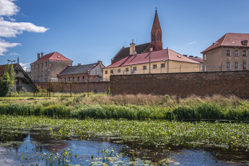 Fototapeta premium View of prison and Church of Good Thief in Barczewo, small city near Olsztyn, Masuria region of Poland