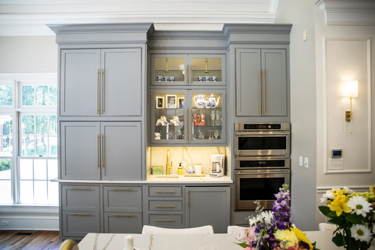 Grey Kitchen Storage Cabinets In An Updated Removated Modern Open Floor Plan Airy Home House