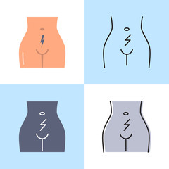 Abdominal cramps and pain icon set in flat and line style