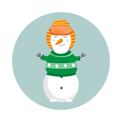 Funny cartoon snowman. Vector Merry Christmas and Happy New Year illustration.