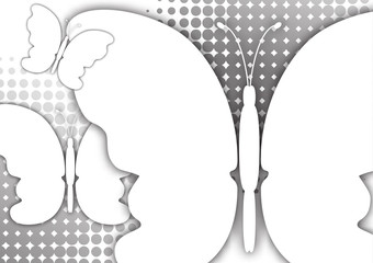 Beautiful abstract background with a white silhouette of a butterfly on a light background with a halftone element. Vector illustration for your design.