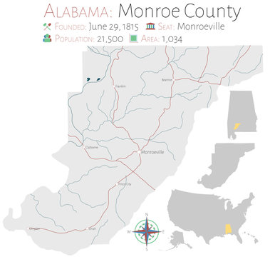 Large and detailed map of Monroe county in Alabama, USA