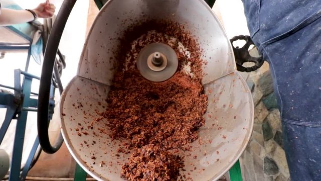 Front view of a Grinder in action. Woman making Mole in Puebla Mexico. North America.  Grinding some ingredients. Cooking Traditional recipe.