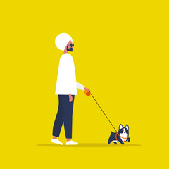 Young indian character walking with a dog on a leash. Recreation. Outdoor. Modern lifestyle. Flat editable vector illustration, clip art